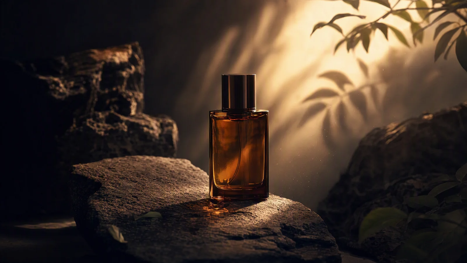 An amber fragrance bottle catches a narrow beam of warm light on black basalt.