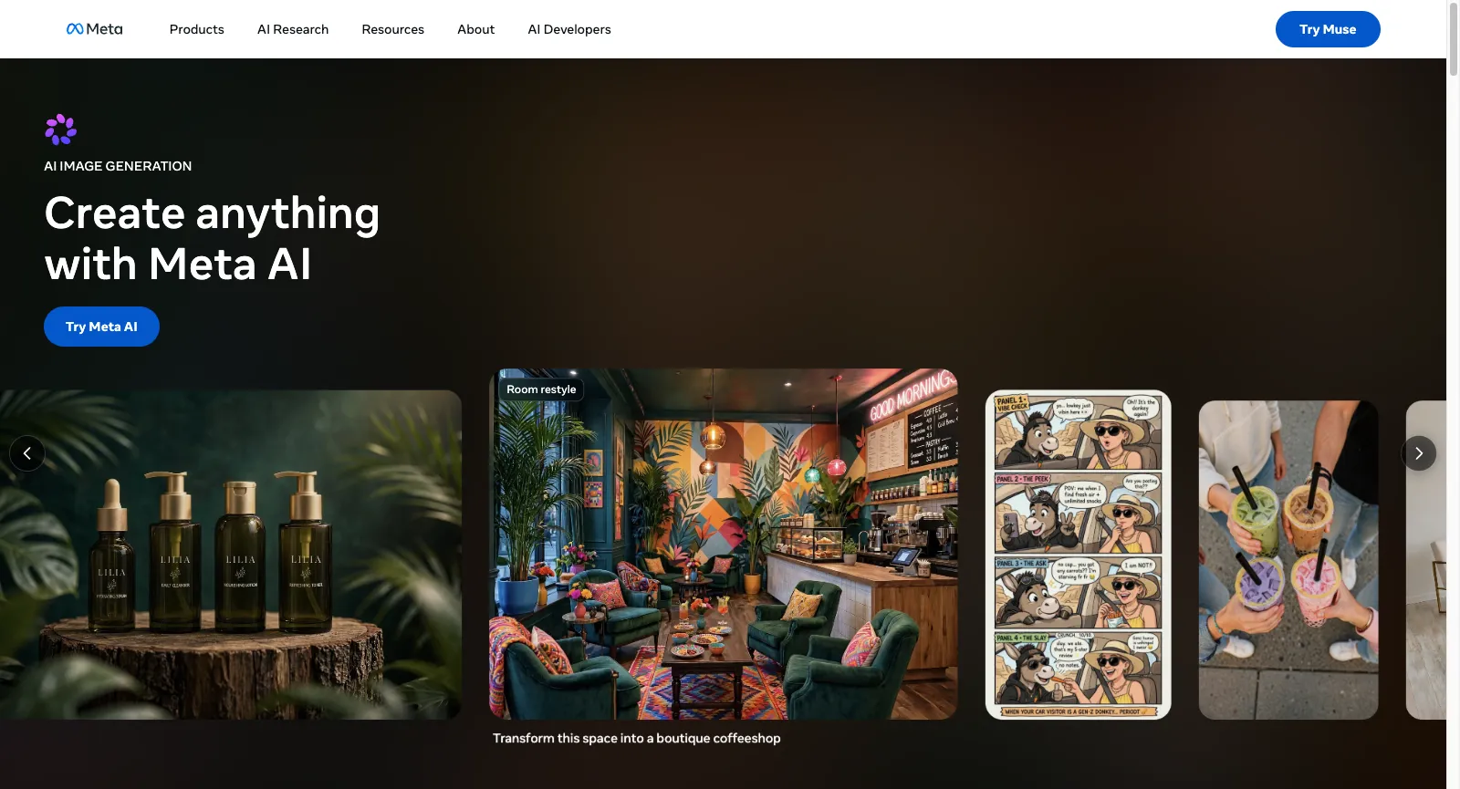 Pagina Media Generation di Meta AI su ai.meta.com, senza accesso: AI IMAGE GENERATION, Create anything with Meta AI, con un esempio di Room restyle, Transform this space into a boutique coffeeshop