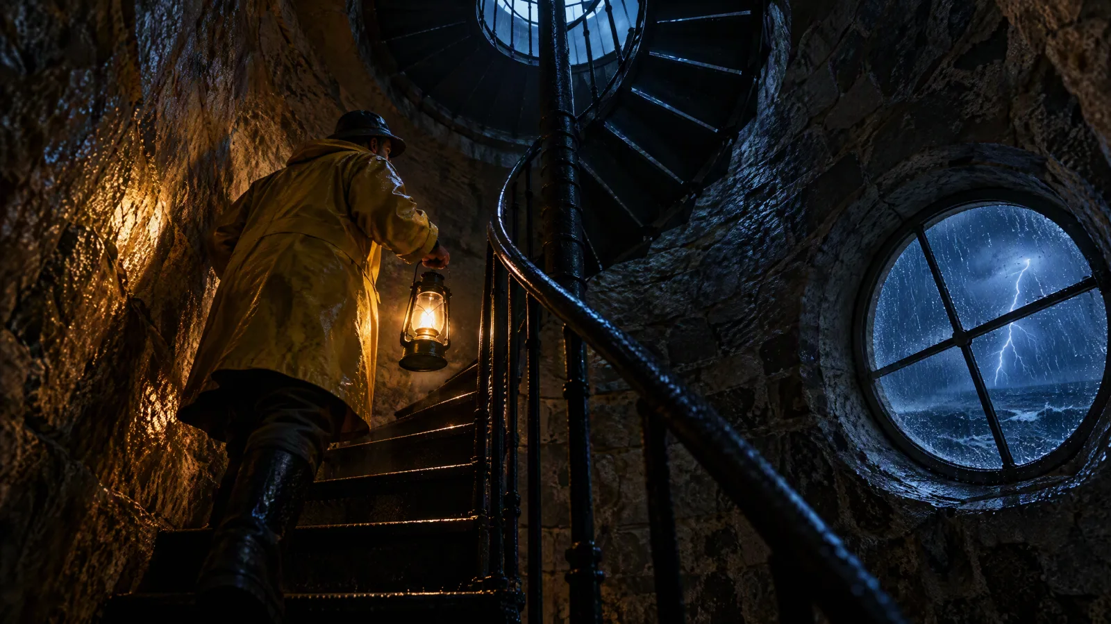 Lighthouse keeper in a yellow oilskin coat climbing an iron spiral staircase with a lantern, a storm and lightning through a round window