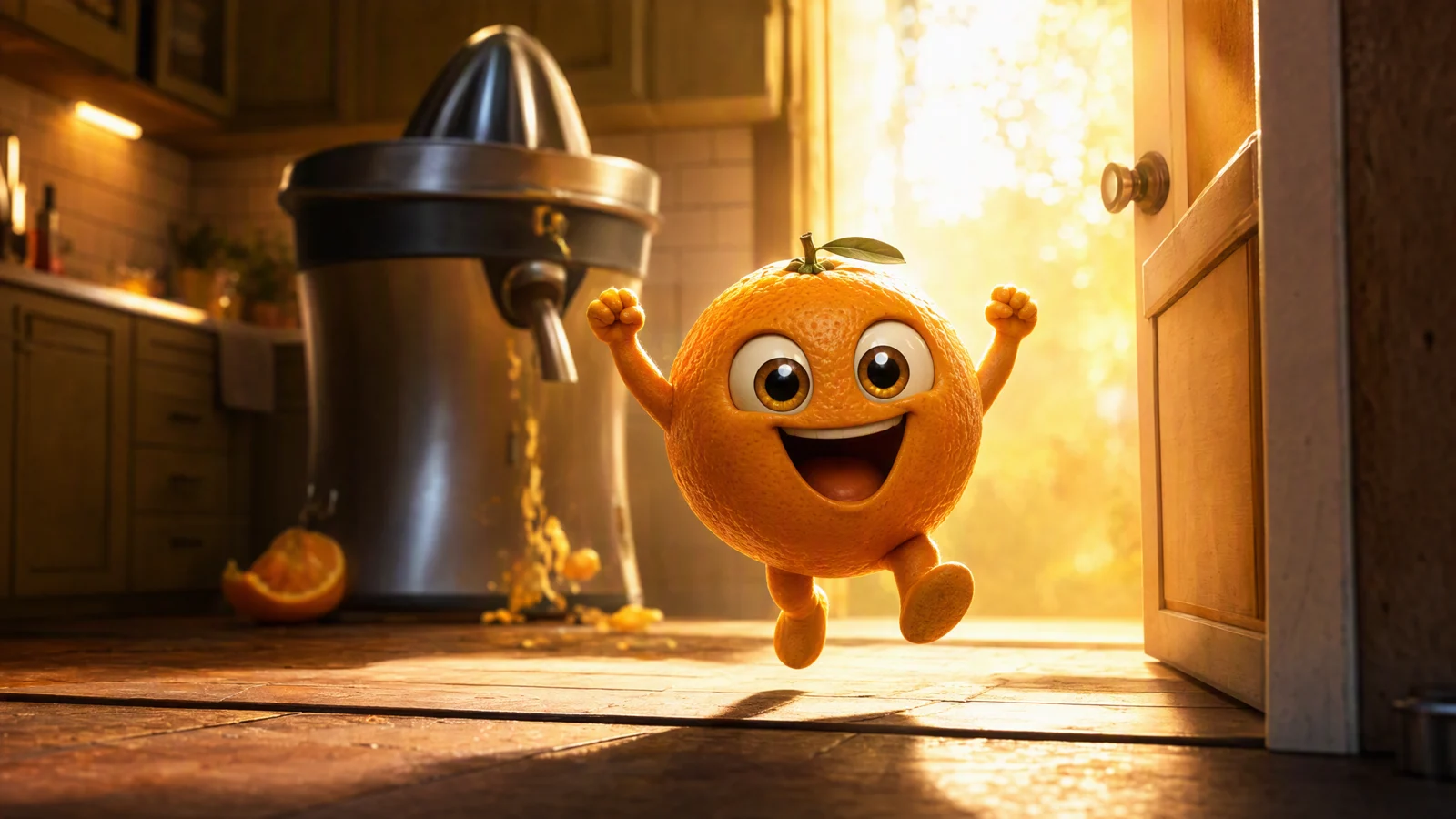 An orange celebrating after escaping a juicer