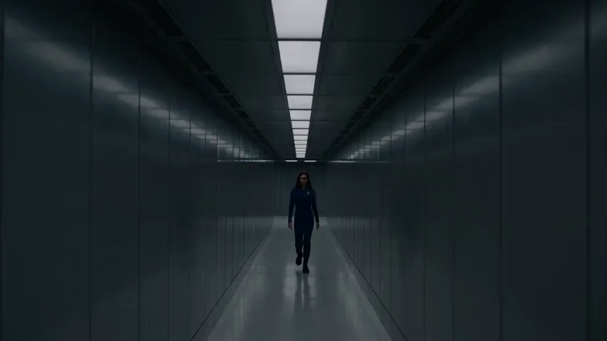 Seedance 2.5 test render of the science-fiction corridor prompt: a small figure far down a gray metal corridor walks closer as the walls glow red, ending with the engineer in a dark jumpsuit near the camera with red light behind her.