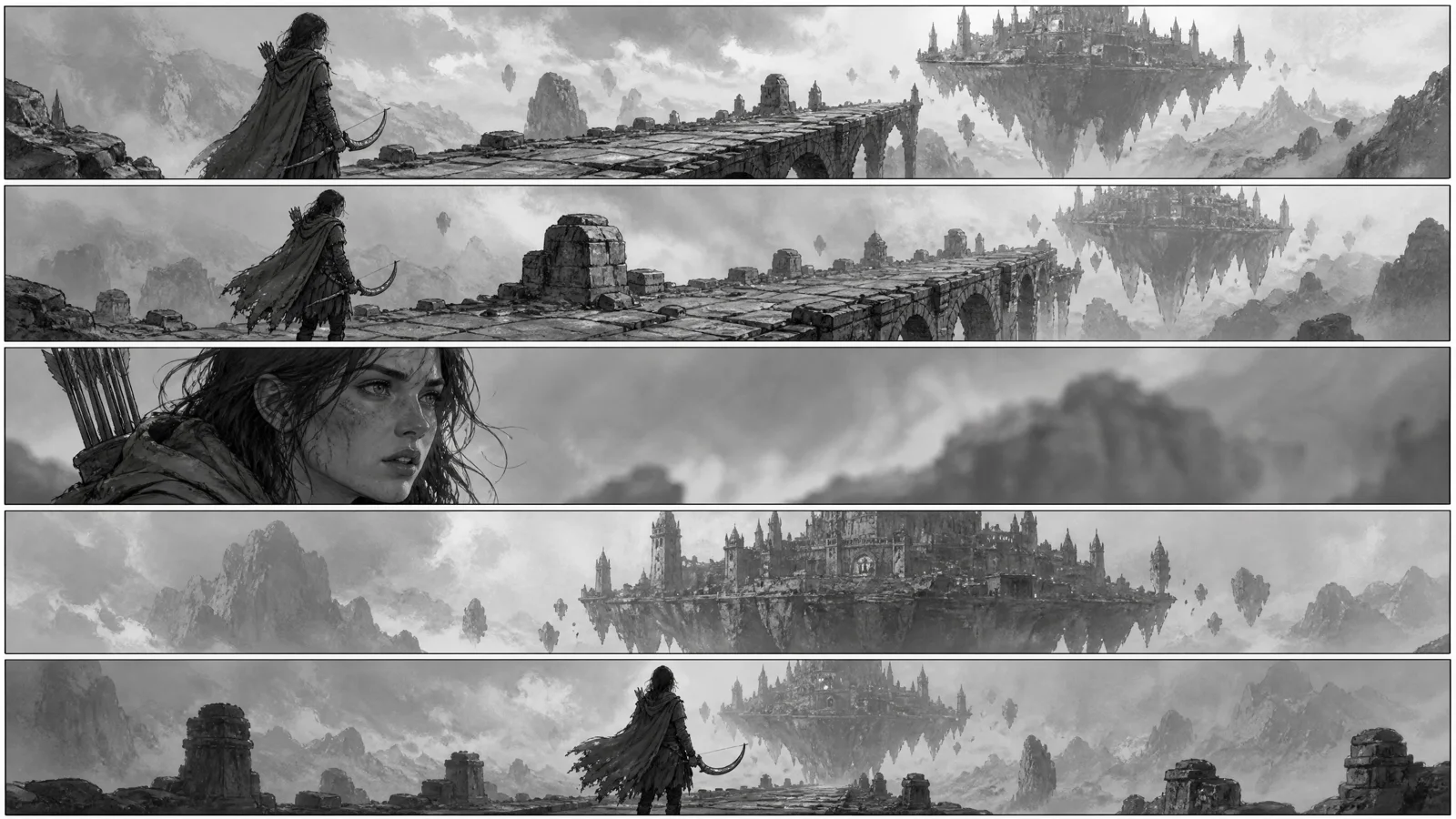 Five-panel storyboard for a ranger approaching a floating fortress