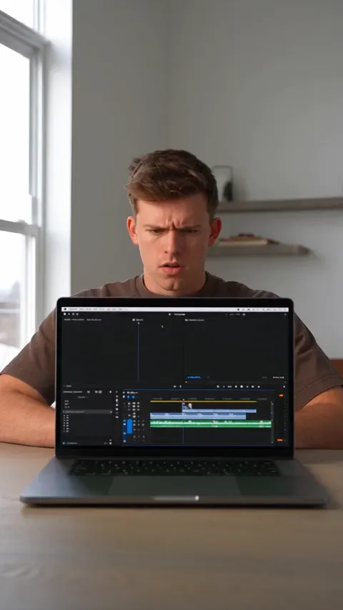 Vertical Seedance 2.5 test render of the creator hook prompt: a frowning young man behind a laptop showing an editing timeline, an autumn video preview opening on the screen, then a closer shot of him smiling.