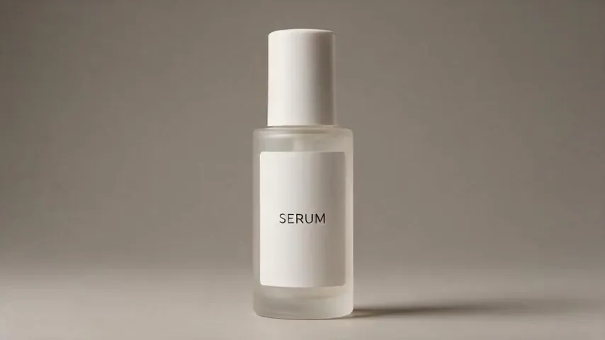 Seedance 2.5 image-to-video test render from an AI-generated photo of a frosted serum bottle with a SERUM label: the bottle turns with a highlight on the label until only the label edge shows.