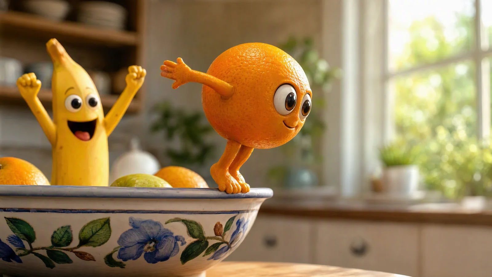 An orange preparing to dive from a fruit bowl as a banana cheers