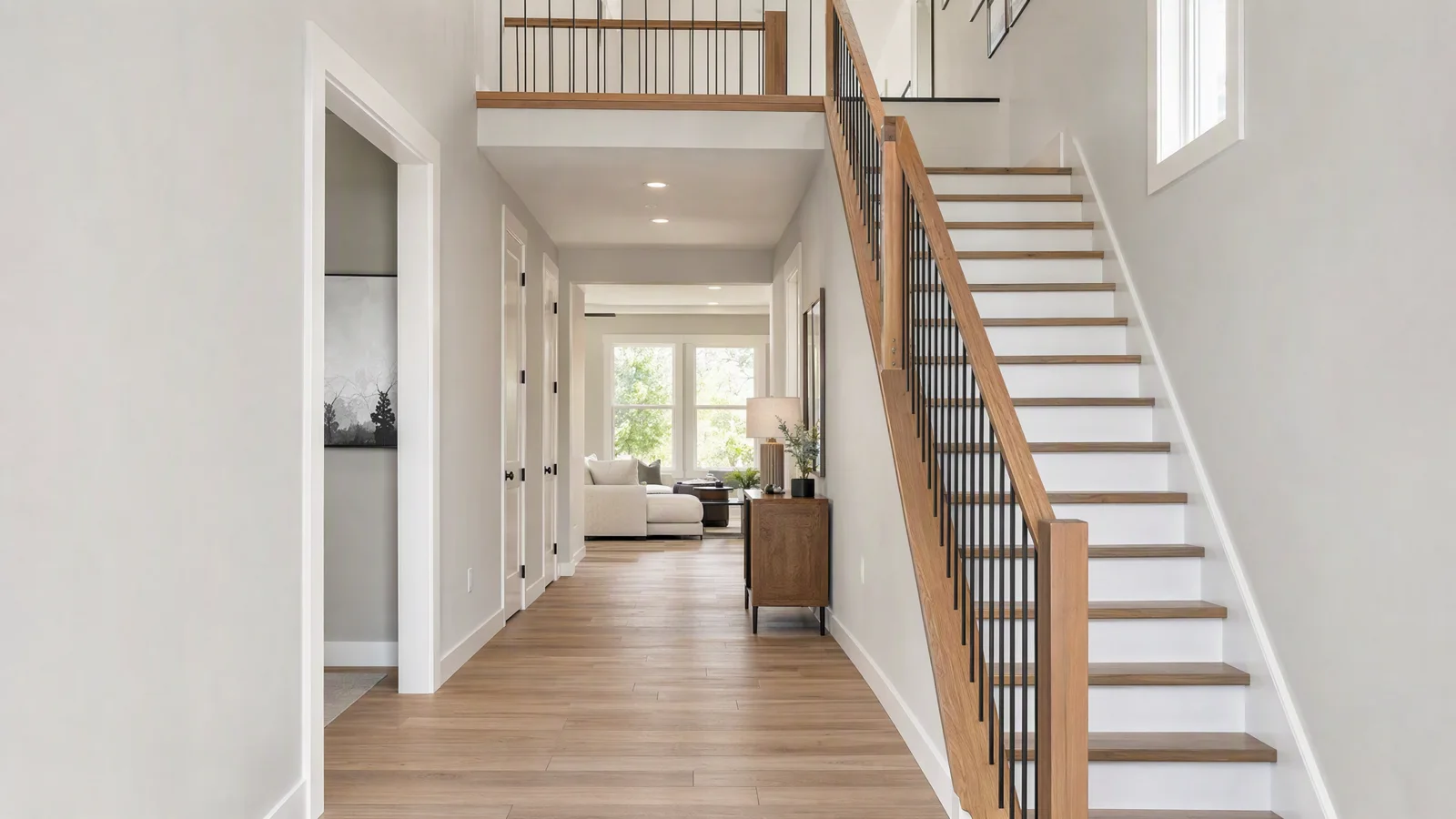 Fictional hallway and staircase with straight frames and consistent railings