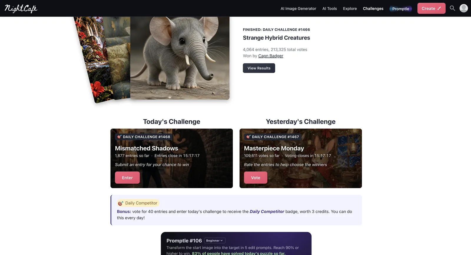 NightCafe-Seite AI Art Challenges, abgemeldet: die abgeschlossene Tages-Challenge mit 4.064 Einsendungen, die heutige Challenge zum Mitmachen, die gestrige zum Abstimmen und der Daily-Competitor-Bonus