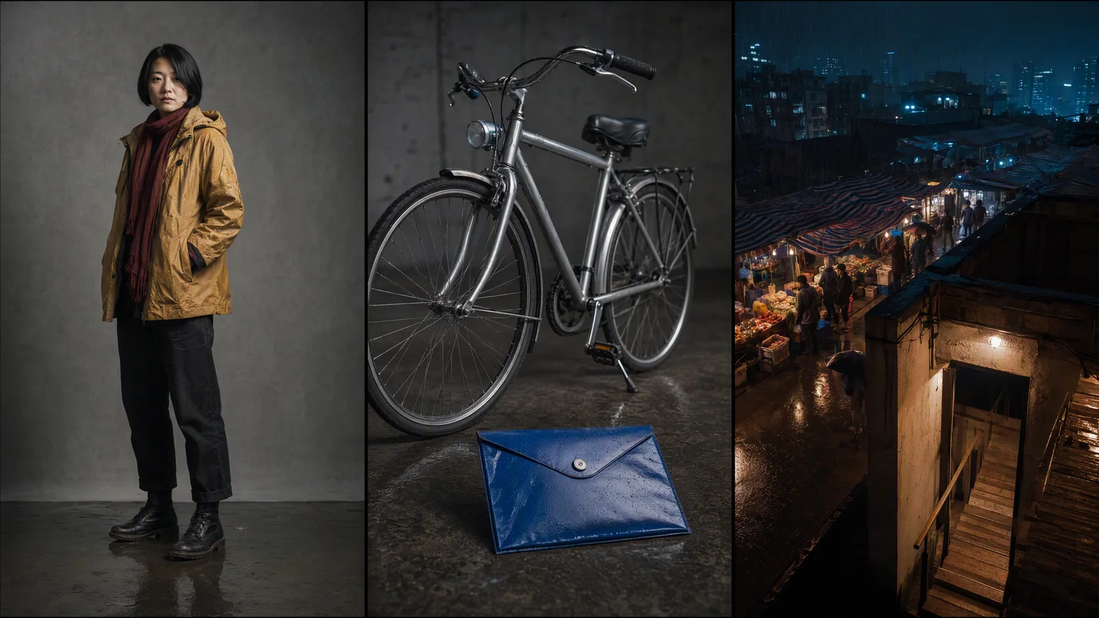 Dreiteilige Kontinuitätsreferenz mit Kurierin, Fahrrad, blauem Umschlag und Nachtmarkt