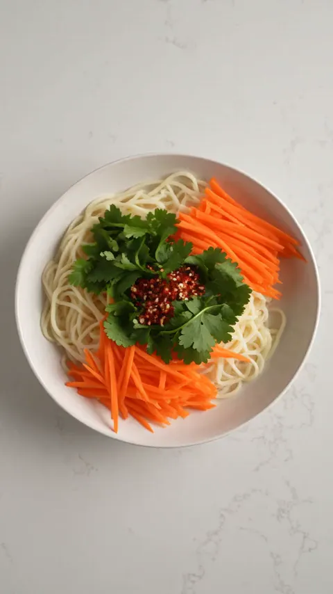 Generación vertical de Seedance 2.5 con el prompt de fideos cítricos y la línea de Tiempo de 30 segundos: empieza con fideos crudos y zanahoria y termina con fideos naranjas levantados con los palillos.