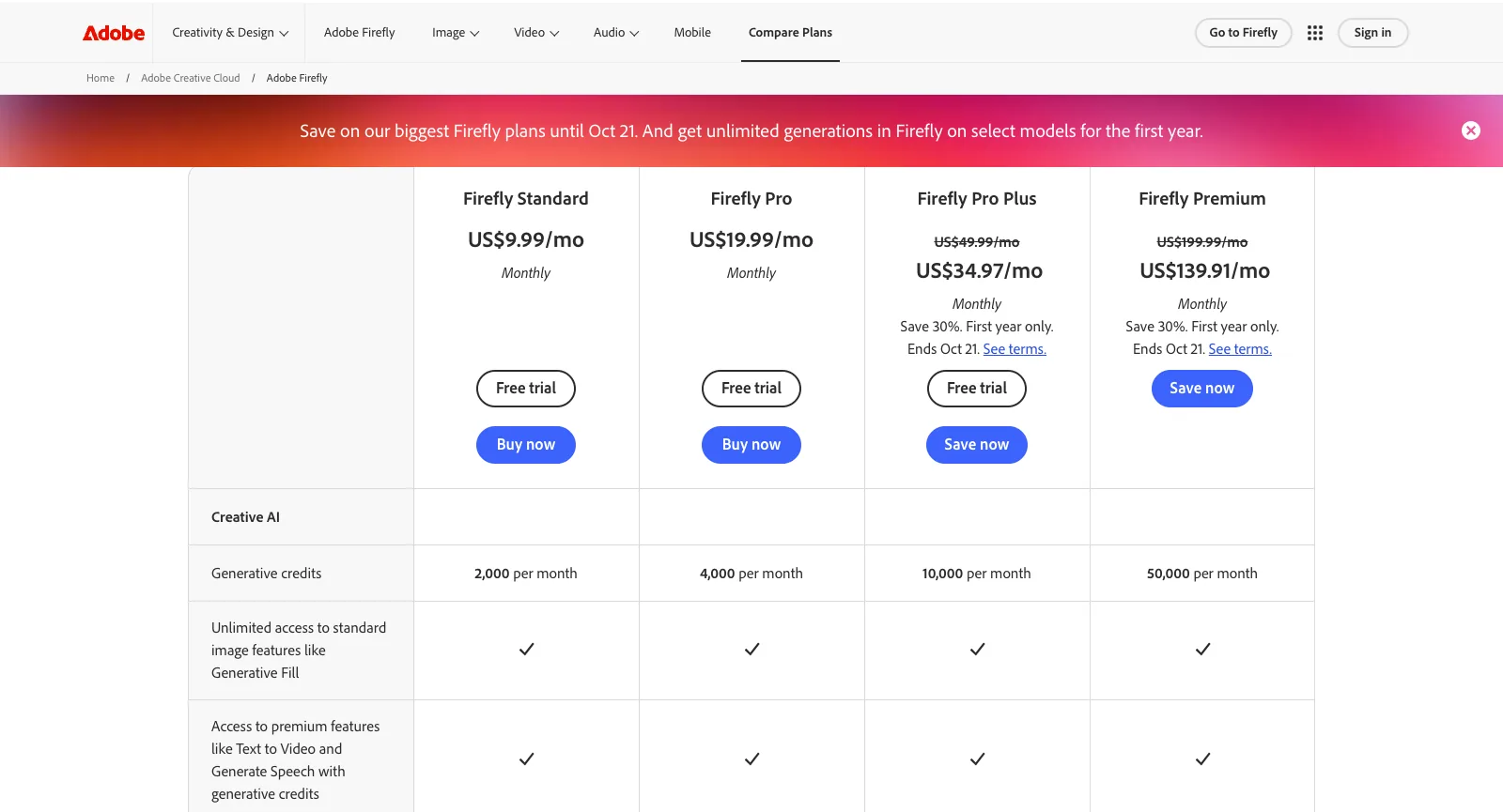 Adobe-Seite Compare Firefly plans, USA: Firefly Standard US$9.99/Monat, Firefly Pro US$19.99/Monat, Firefly Pro Plus und Firefly Premium mit 30 % Rabatt im ersten Jahr bis 21. Okt. sowie 2.000, 4.000, 10.000 und 50.000 generative Credits pro Monat