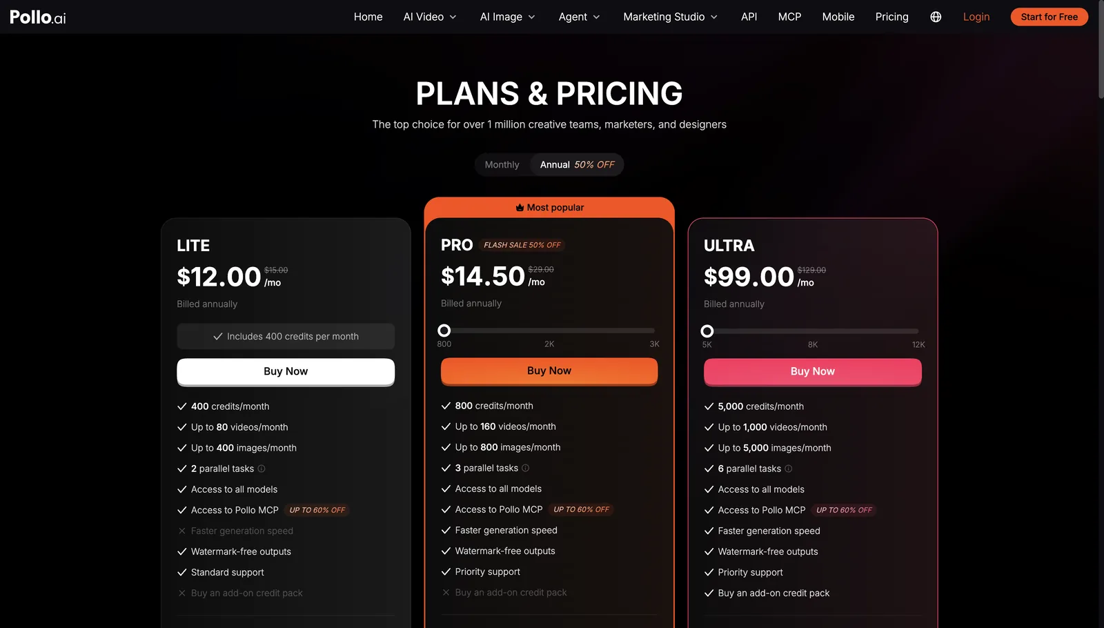 Pollo AI pricing page billed annually: Lite $12, Pro $14.50 flash sale, Ultra $99 a month