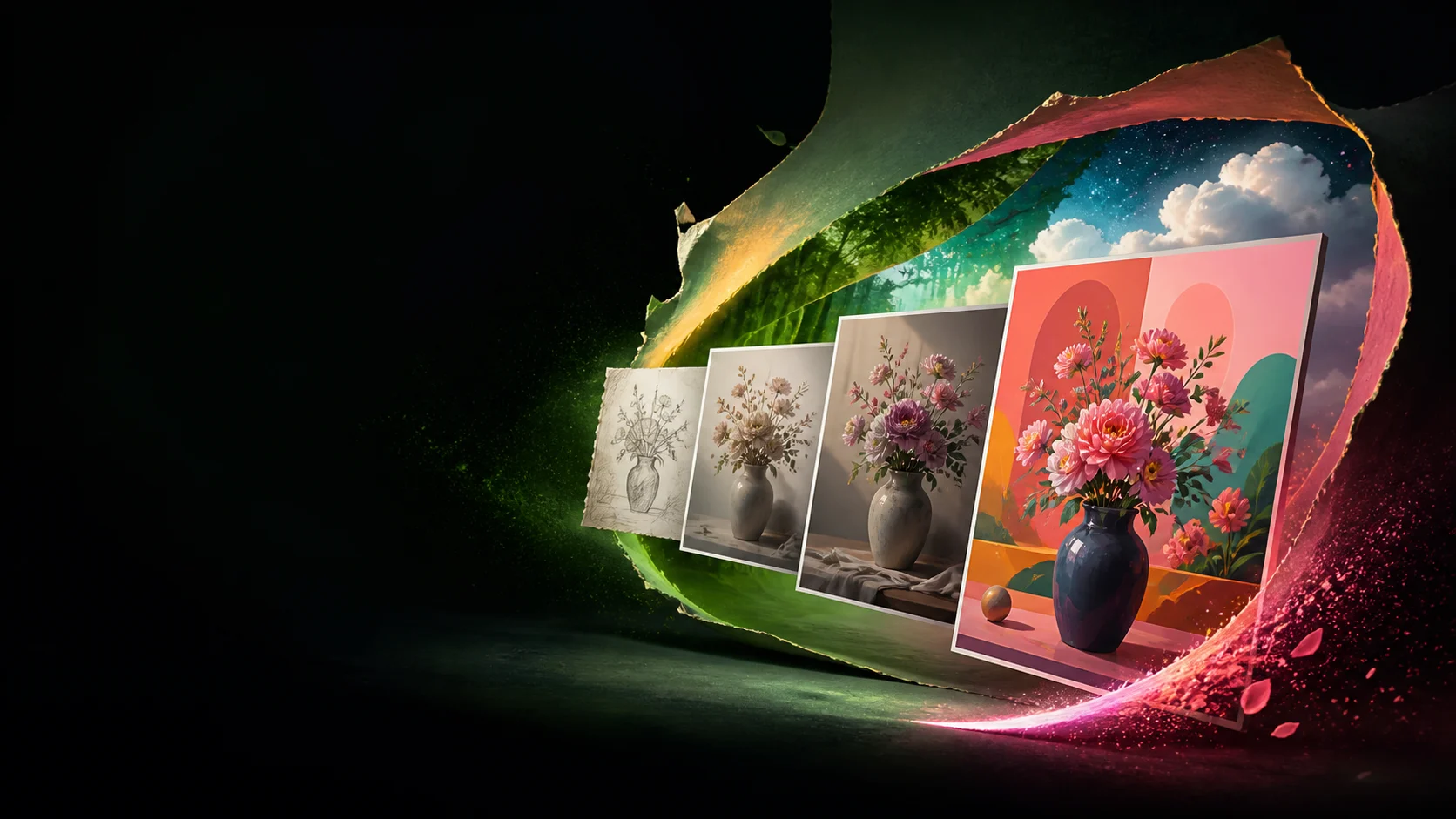 A visual idea evolving from a sketch into polished photographic and illustrated images