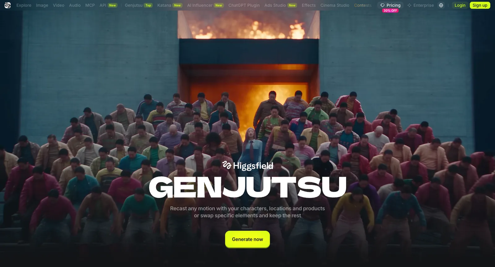 Higgsfield Genjutsu page: recast any motion with your characters, locations and products