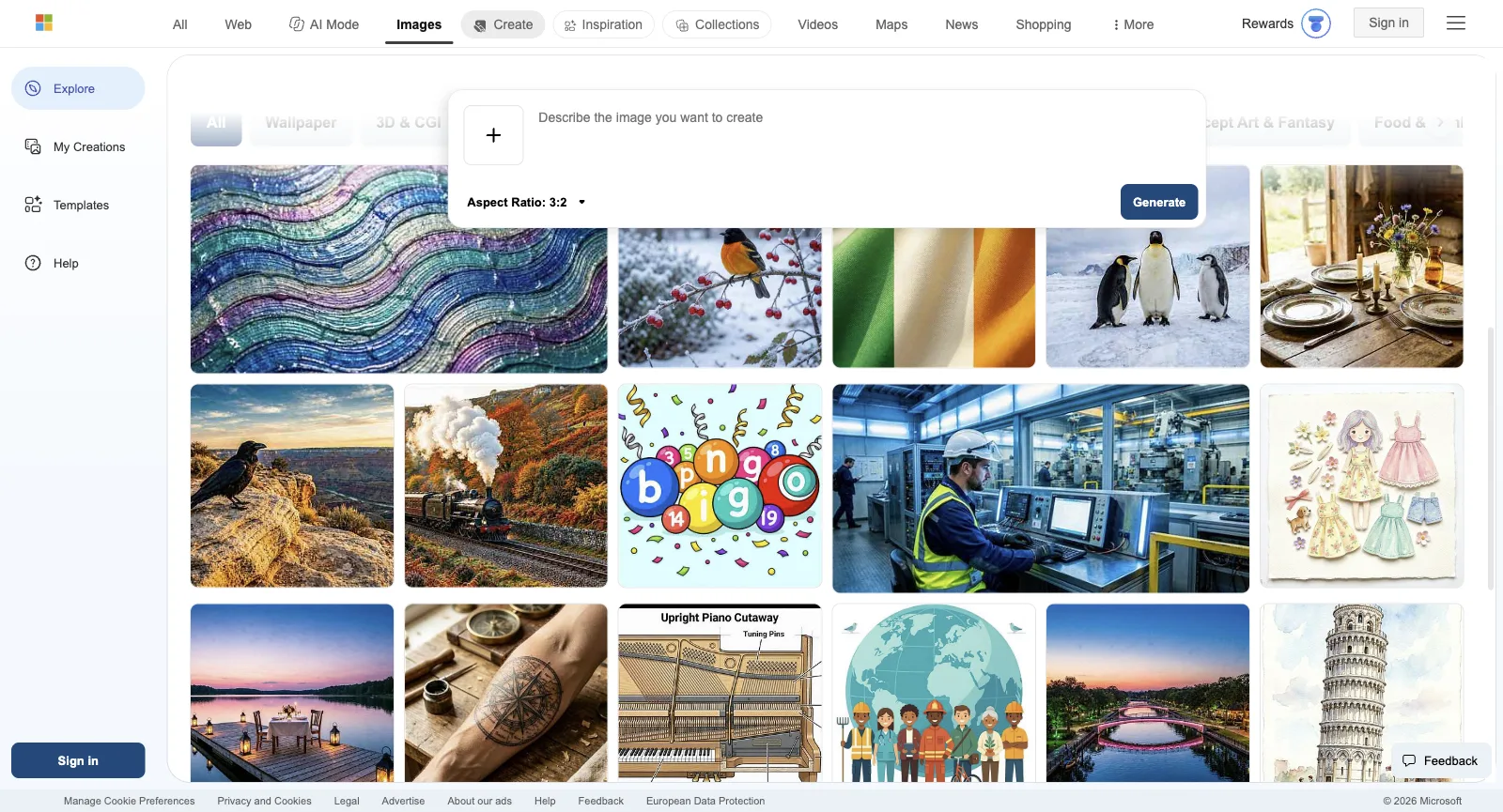 Bing Image Creator دون تسجيل الدخول، بعد التمرير إلى Explore more ideas: صور نموذجية مثل خلفية موجية تجريدية وطائر صُفارية في الثلج وبطاريق ومقطع داخلي لبيانو، أسفل مربع الأوامر المثبّت