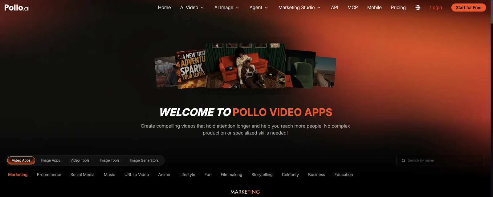 Pollo Video Apps page with app categories such as Marketing, E-commerce, Social Media and Anime