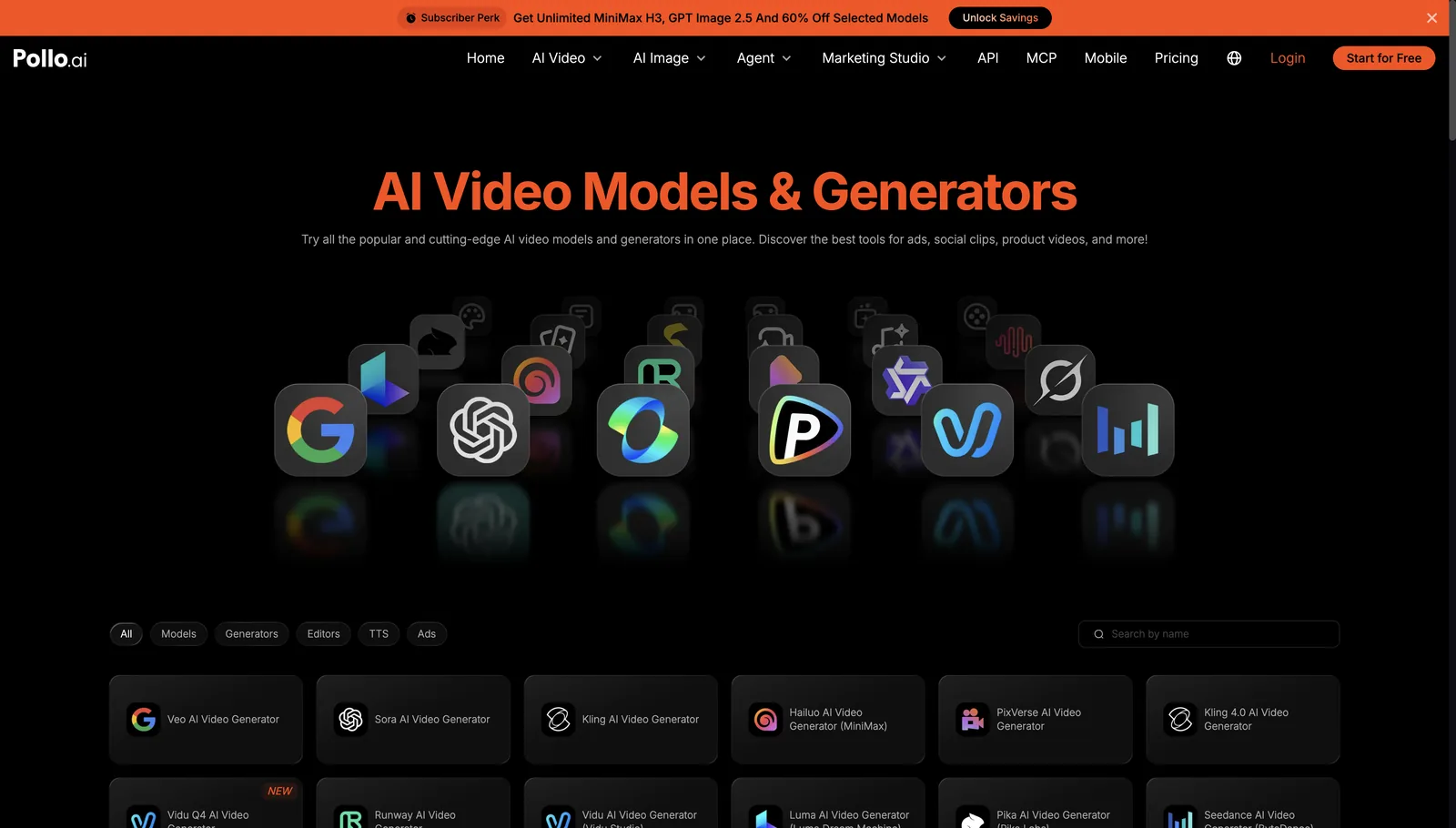 Pollo AI video models page listing Veo, Sora, Kling, Hailuo, PixVerse, Vidu, Runway, Luma, Pika and Seedance generators
