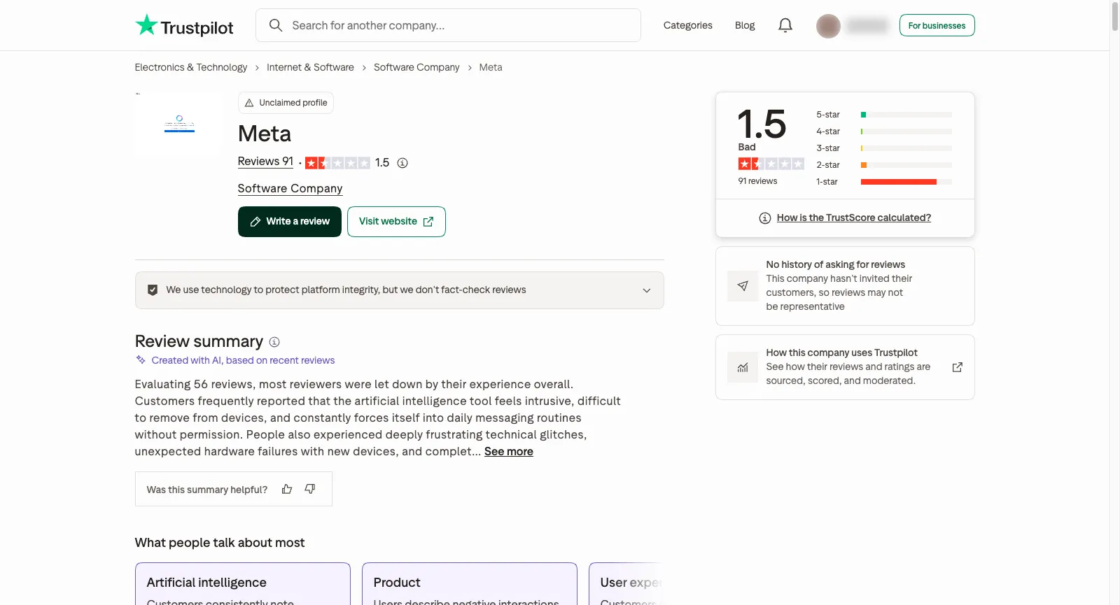 Meta (meta.ai) su Trustpilot: profilo non rivendicato, TrustScore di 1,5 su 91 recensioni, nessuno storico di richieste di recensioni