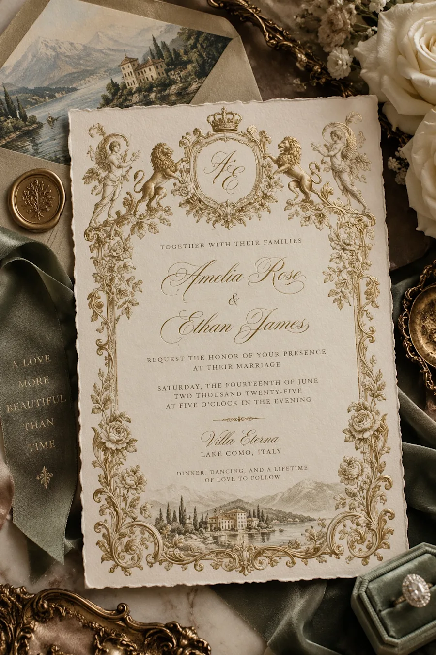 Official GPT Image 2.5 example: An ornate cream and gold wedding invitation with a crowned monogram, decorative lions, and floral borders