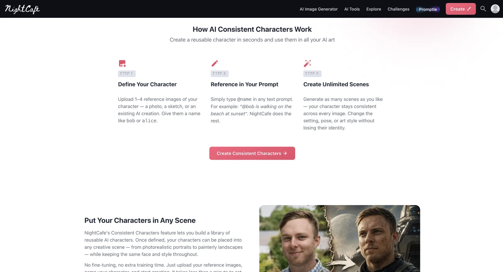 NightCafe-Seite AI Consistent Characters, abgemeldet: So funktioniert es in drei Schritten, Charakter festlegen, im Prompt darauf verweisen und unbegrenzt Szenen erstellen