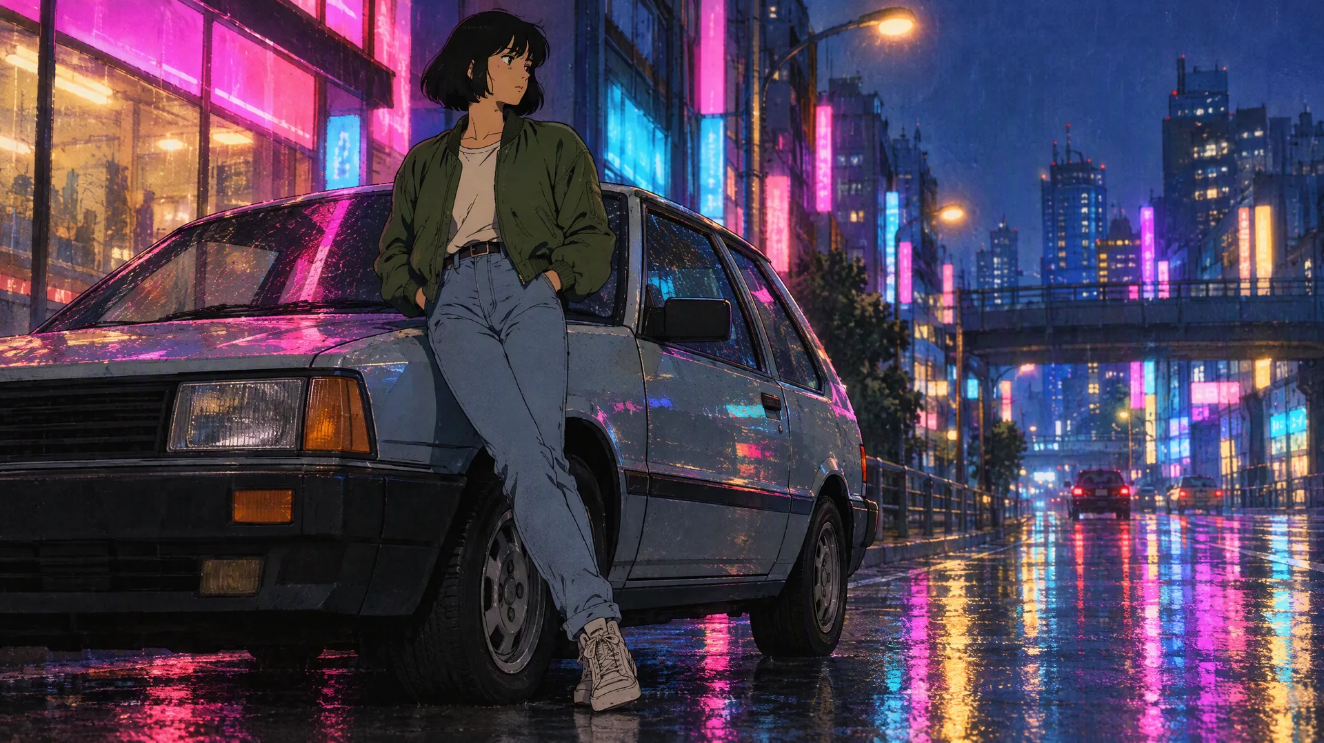Young woman in a green bomber jacket leans on a vintage hatchback car on a rainy neon-lit city street at night in 1990s retro anime style
