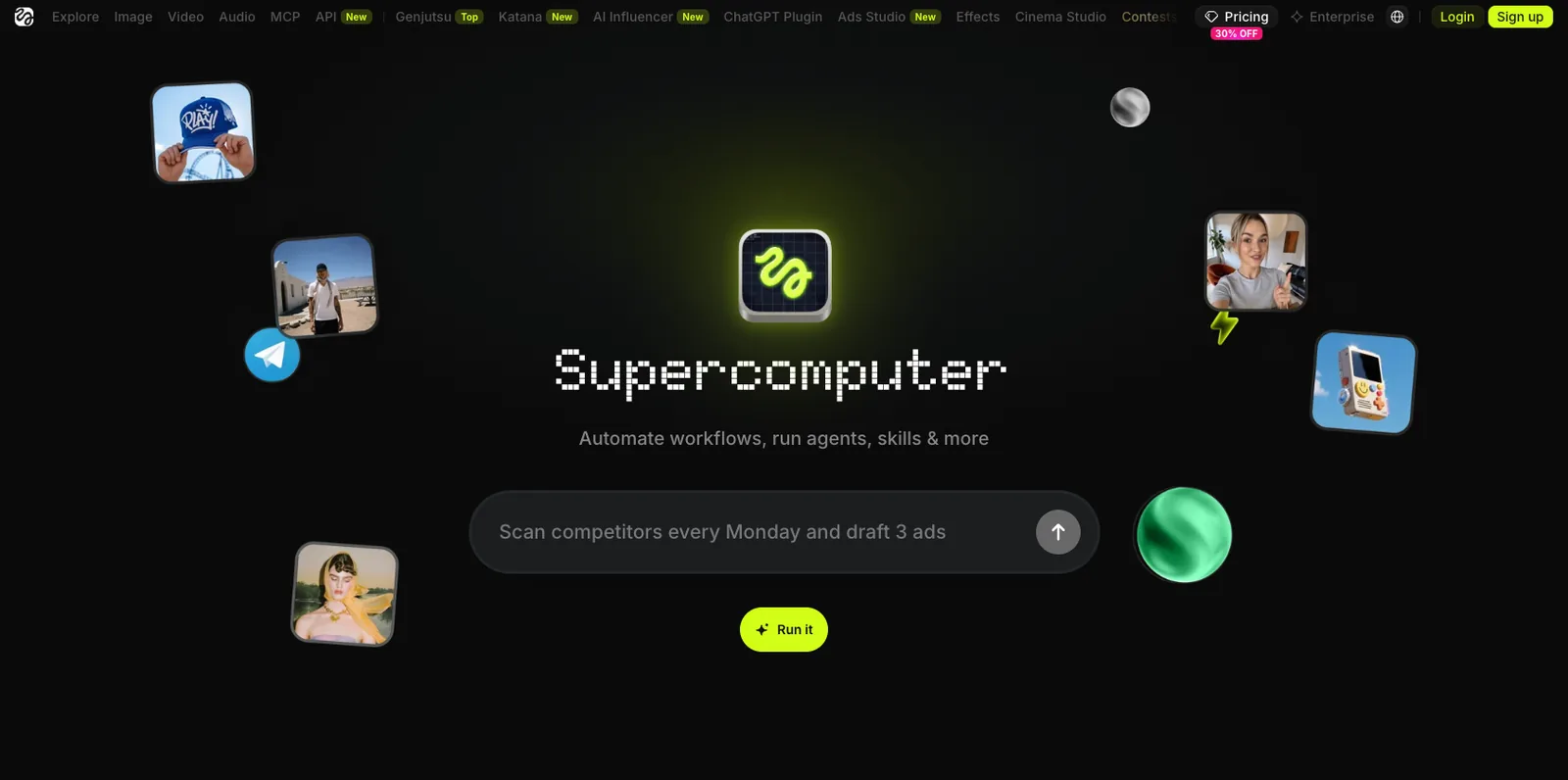 Higgsfield Supercomputer page with an agent prompt box: automate workflows, run agents and skills