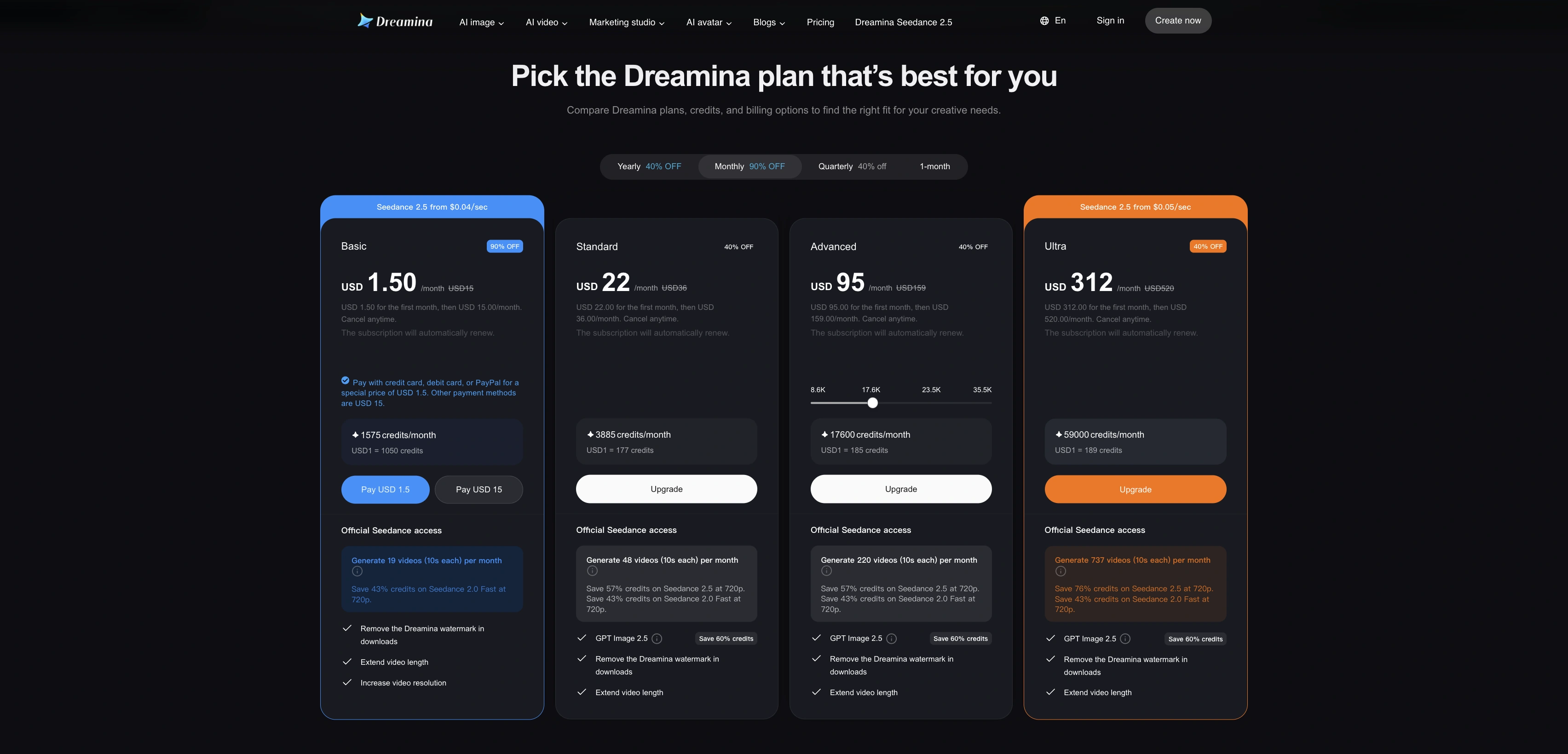 Dreamina public English pricing workspace with Monthly selected and complete plan cards