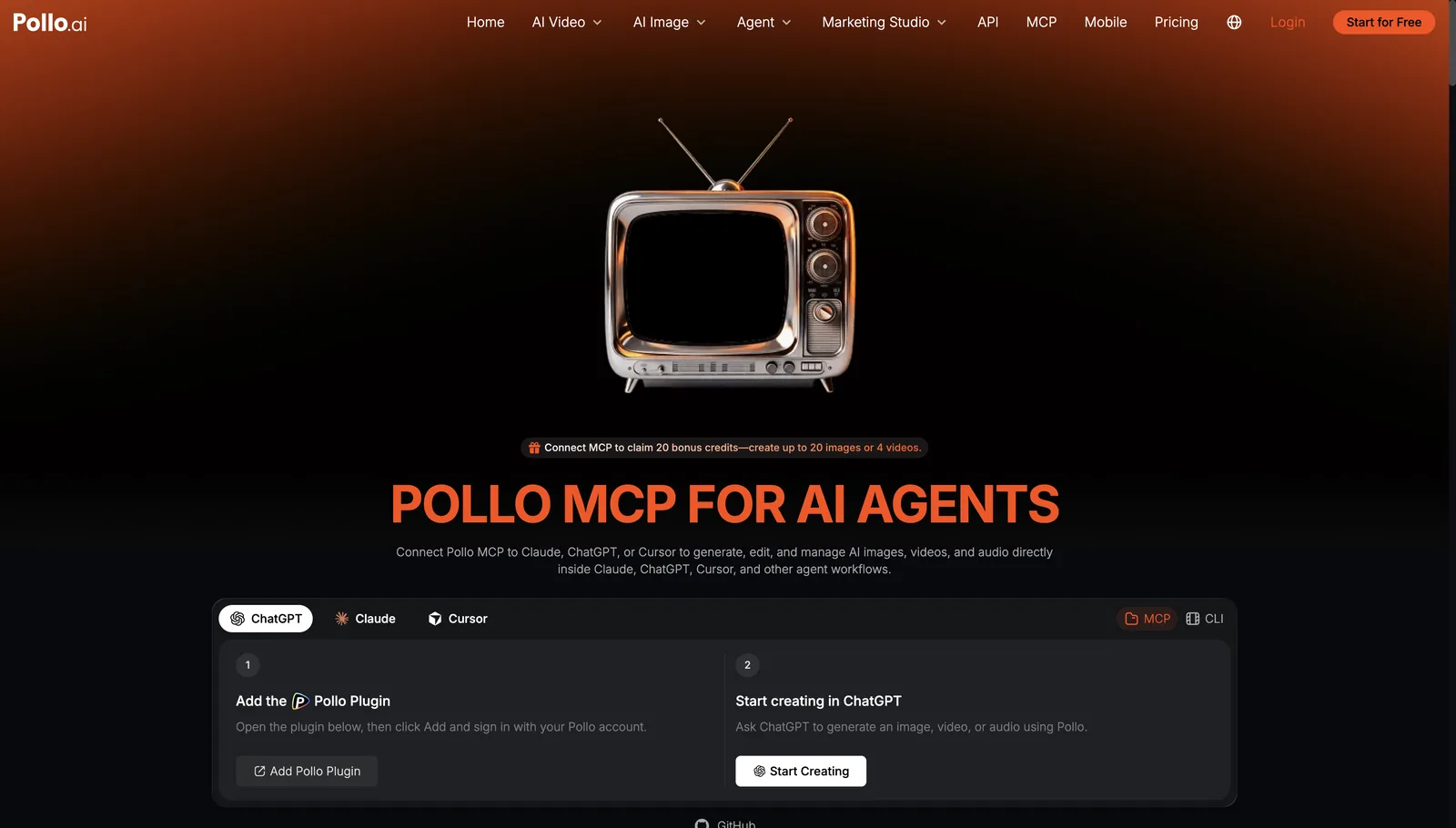 Pollo MCP page with setup steps for ChatGPT, Claude and Cursor