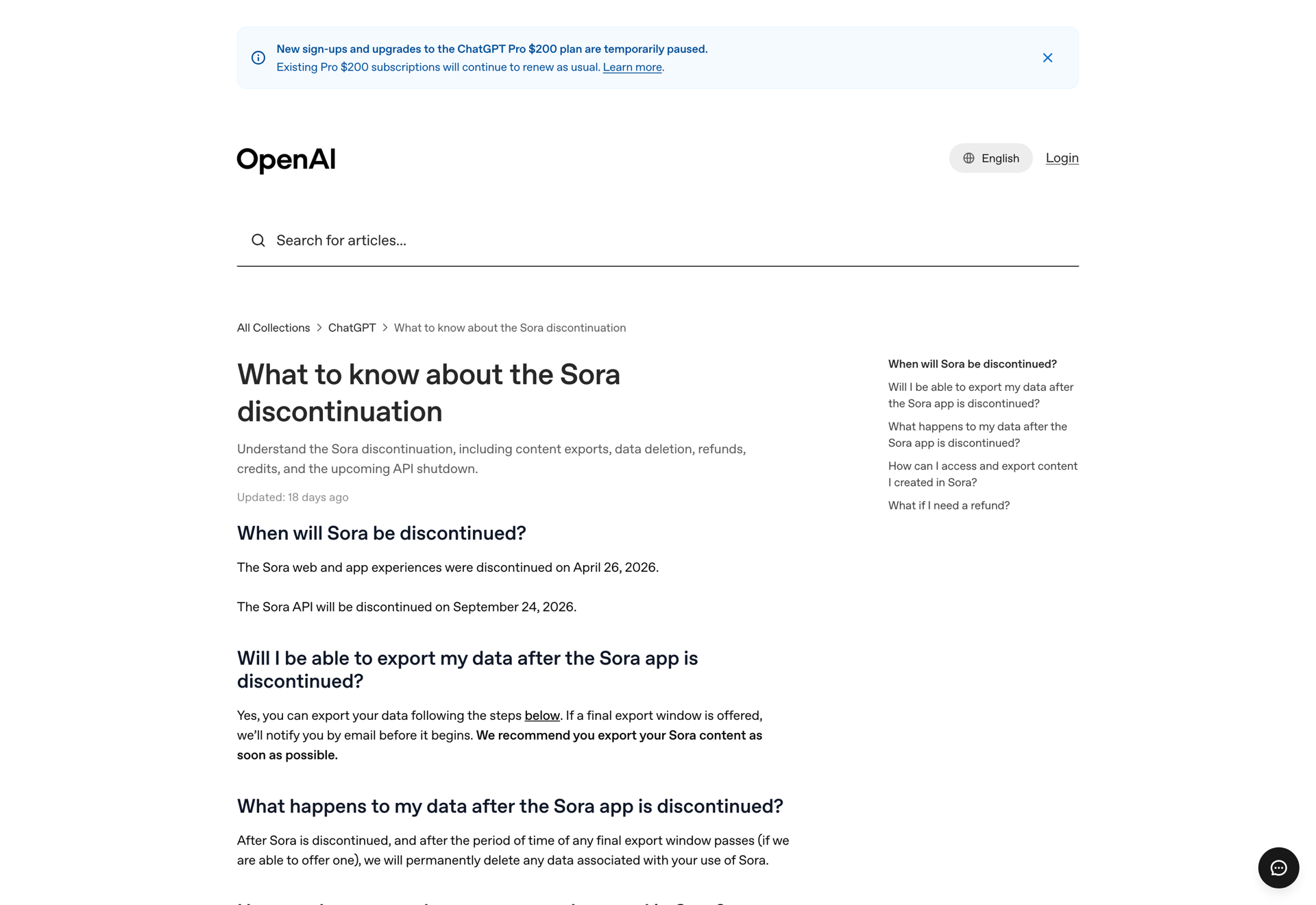 OpenAI help center article confirming the April 26 app shutdown and September 24 API shutdown dates