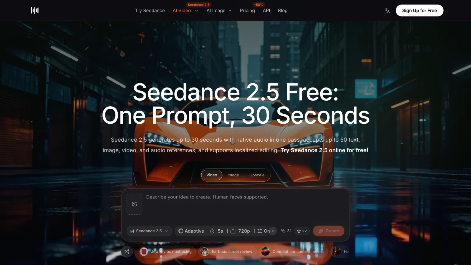 Seedance AI Seedance 2.5 generator page in English, with the model, 5s duration and 720p resolution settings shown under the prompt box.