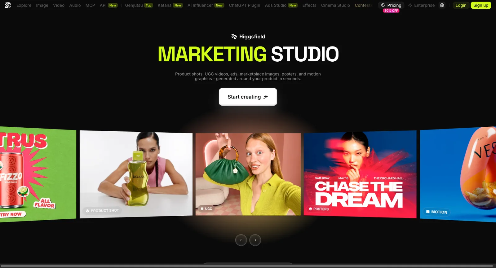 Higgsfield Marketing Studio page with product shot, poster and motion templates
