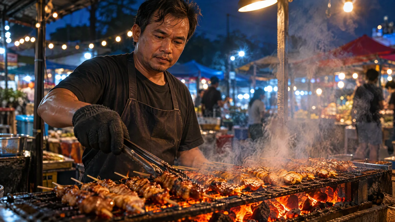Night market vendor in a dark apron turning skewers on a charcoal grill with embers and smoke, string lights and stalls behind him