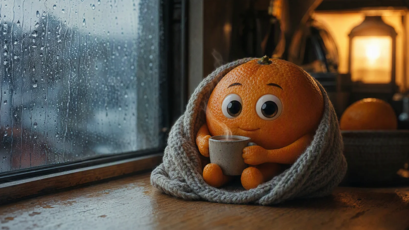 A cozy orange wrapped in a blanket by a rainy window